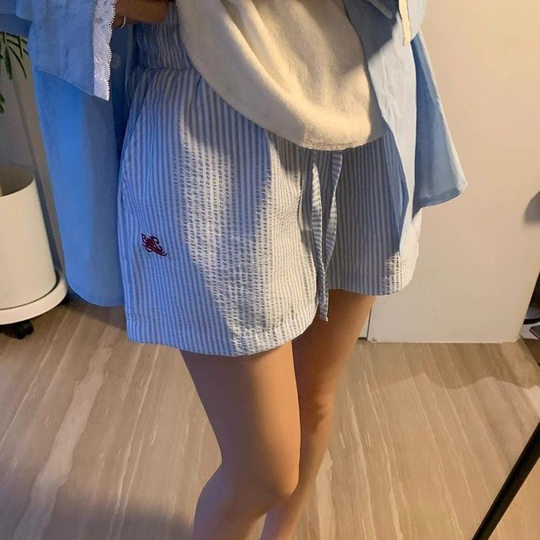 Original striped fabric vertical striped drawstring letter embroidery wide leg shorts women's summer loose slim casual pants wholesale