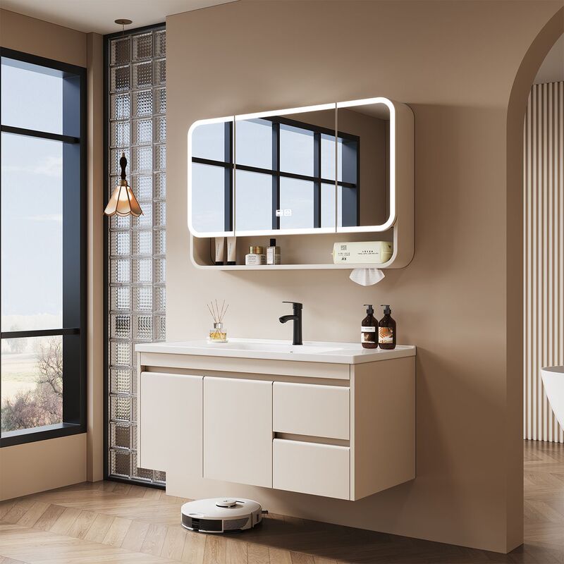 Rounded Thickened Stainless Steel Space Aluminum Bathroom Cabinet Combination with Ceramic Integrated Basin for Washing Hands and Face in the Bathroom