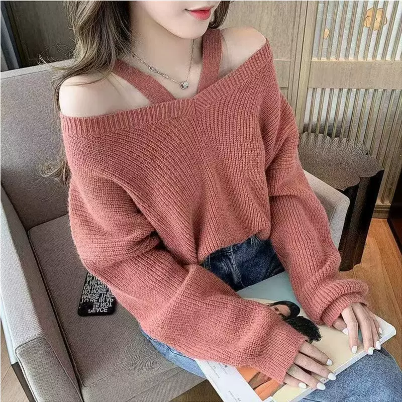 毛衣女韩版慵懒风设计感小众吊带露肩套头针织衫跨境女装新品爆款