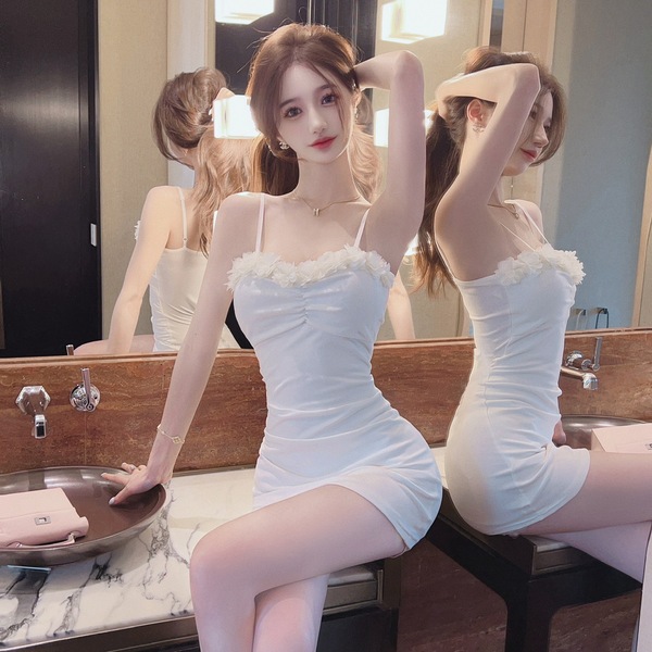 Sexy women's floral patchwork cotton slim fit suspender with hip wrap dress