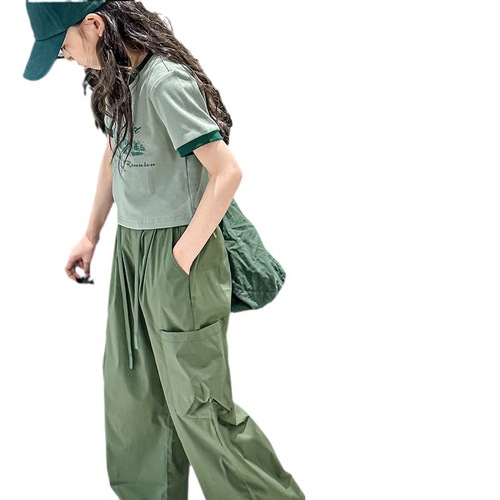 Girls' summer workwear sports suit  new style mid-to-large size patchwork T-shirt straight-leg pants trendy two-piece set