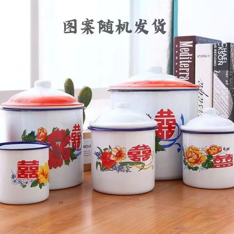 Taza de esmalte nostálgica clásica, taza de té de hierro con tapa, gran oficina, hotel, boda de doble felicidad pasada de moda, taza de agua con flores