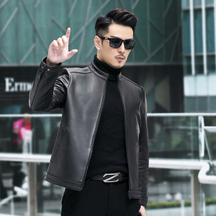 Spring and Autumn New Men's Genuine Leather Jacket Men's Goat Leather Jacket Stand Collar Business Dad Casual Jacket