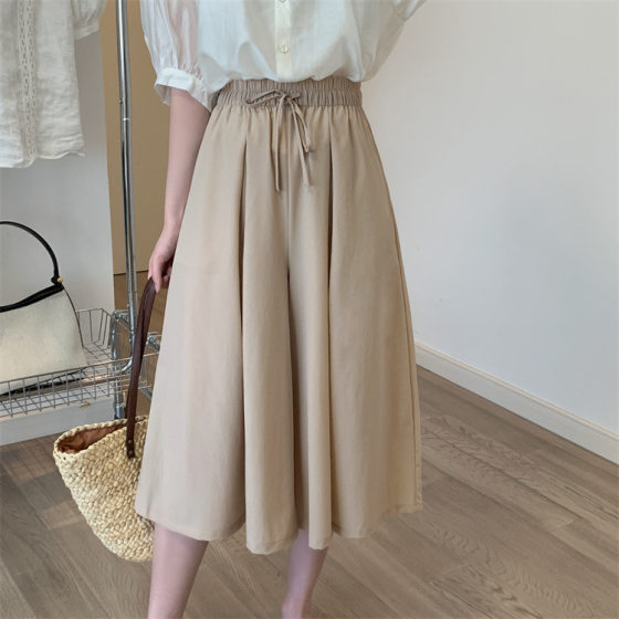 Cropped Culottes Summer High Waist Draping Black Loose Slimming Mid-length Women's Casual Wide-leg Pants for Small Women