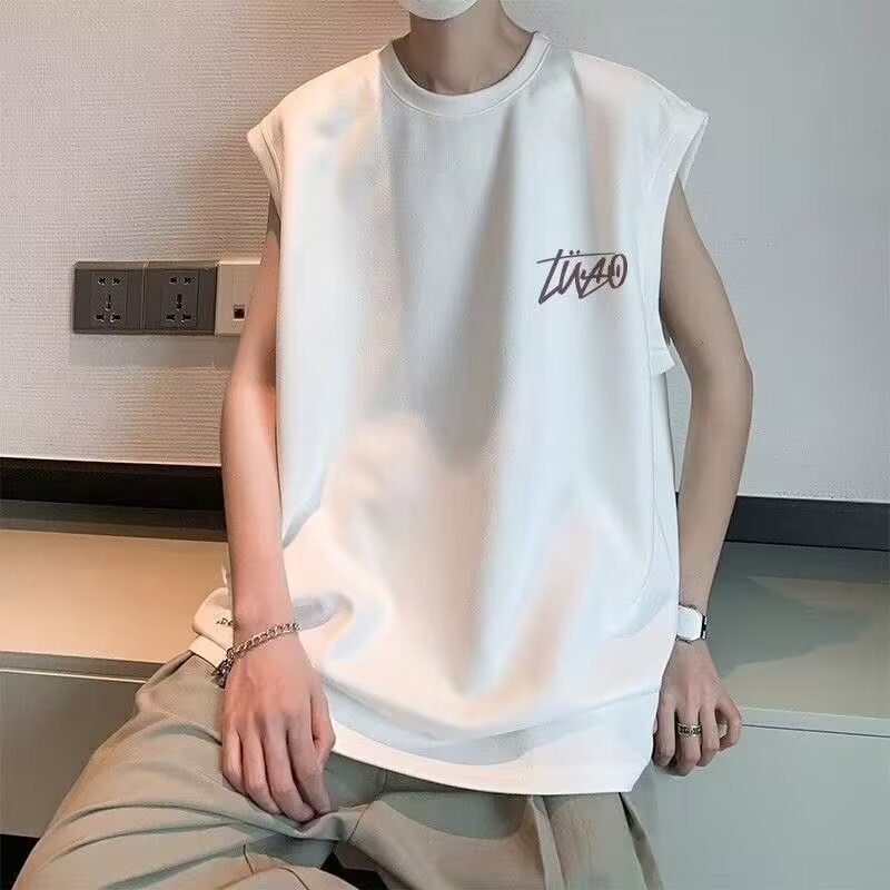 Summer Cross-Border Black and White Milk Silk Vest Korean Style Trendy Fashion Simple Style Printed Round Neck Trendy Men's Vest Summer Cross-Border Black and White Milk Silk Vest Korean Style Trendy Fashion Simple Style Printed Round Neck Trendy Men's Vest