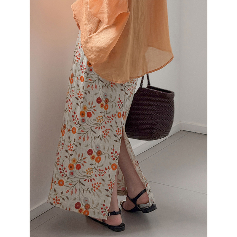 Orange Zhi Summer New A-Line Printed Slimming Skirt High-Waisted Vacation Style Long Skirt B991 Linen Wholesale Starting from One Piece
