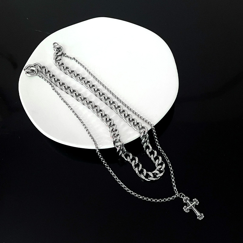 Collier pendentif croix vintage en acier titane pour femme, double rangée, style hip-hop, chaîne cubaine pour clavicule, pour homme_voghion.com