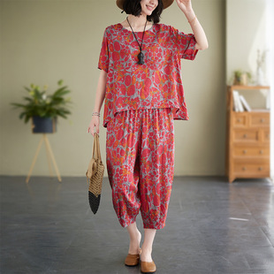 Large Size Women's Summer New Vintage Age-reducing Ethnic Style Middle-aged and Elderly Mother's Short-sleeved Cropped Pants Suit for Women