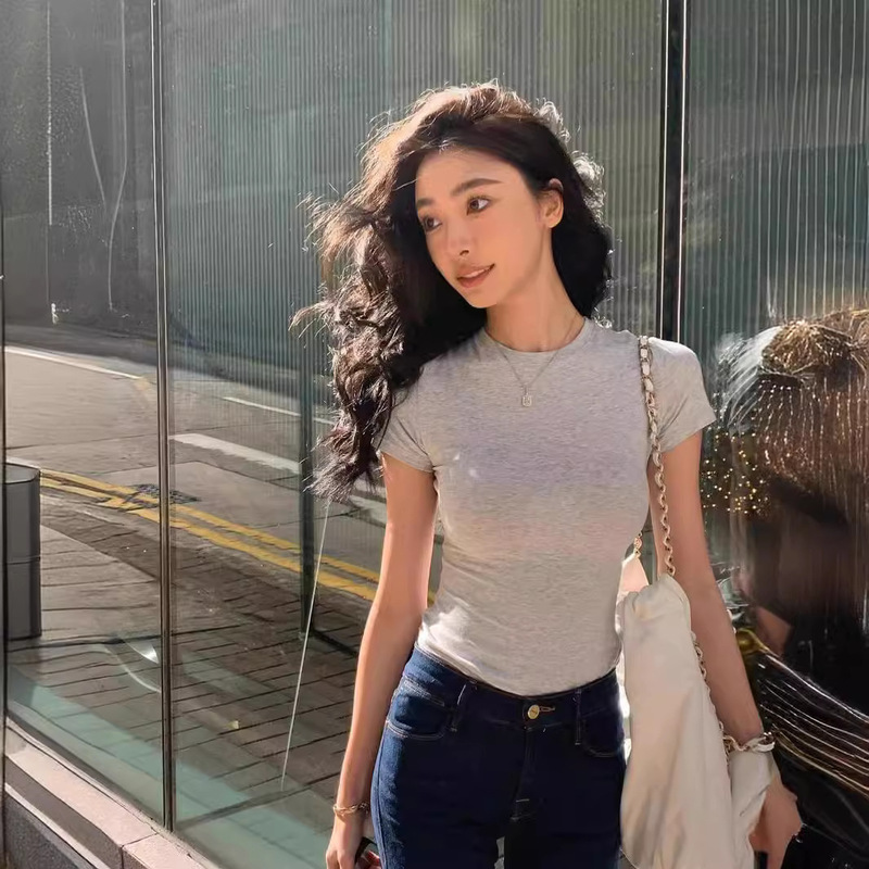 2024 Summer Ins Sexy Waist-Cinching Right Shoulder Short-Sleeved T-Shirt Jin Kardashian Short-Sleeved T-Shirt Women's Tight Elastic t