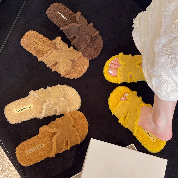 个性简约平底毛毛拖鞋女秋冬保暖一字拖搭裙子外穿百搭毛绒绒拖鞋|undefined