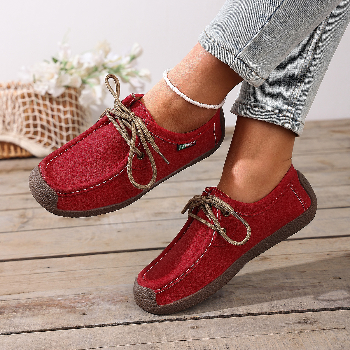 外贸新款春季单鞋女百搭豆豆鞋女休闲平地系带跨境防滑妈妈鞋批发