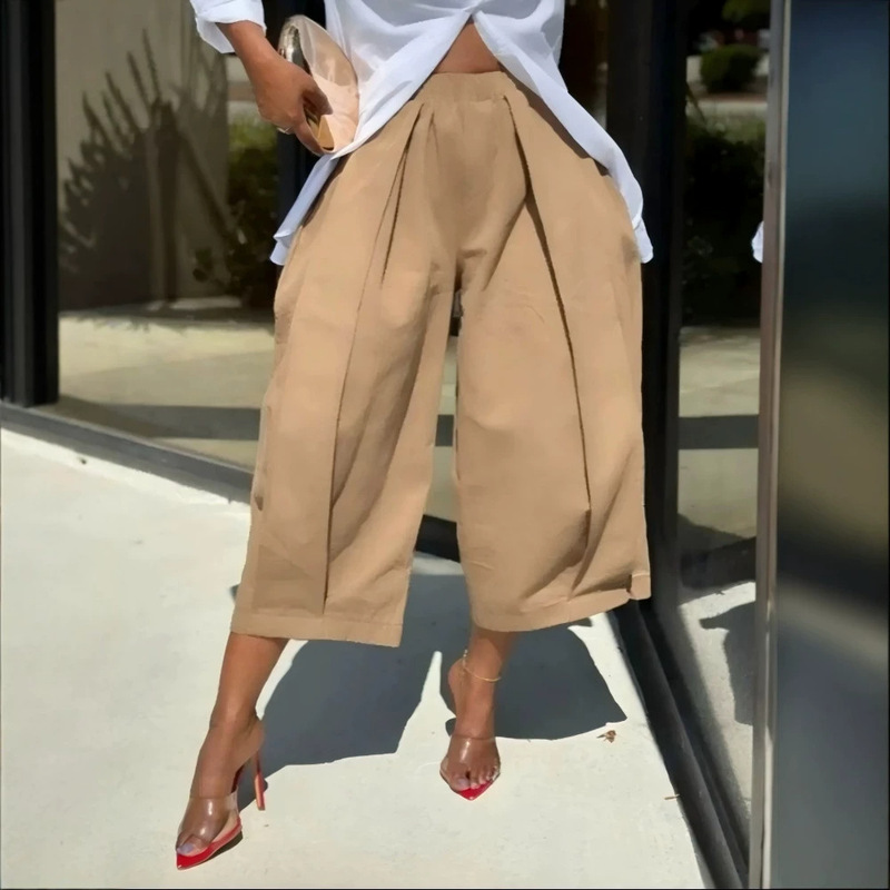 Cross-Border European and American Amazon Foreign Trade New Style Women's Solid Color Loose Comfortable Casual Elastic Waist Slimming Cropped Wide-Leg Pants Cross-Border European and American Amazon Foreign Trade New Style Women's Solid Color Loose Comfortable Casual Elastic Waist Slimming Cropped Wide-Leg Pants