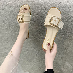 2021 Slippers Women's Summer Good Square Buckle Slides Women's Flat Sandals Fashionable Casual Outwear Student Trendy Sandals