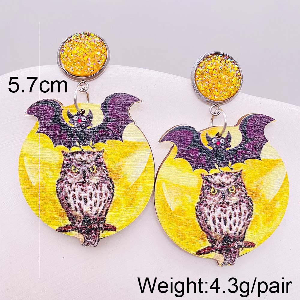 7g Weight Drop Earrings Classification 1 Pair Quantity Daily Occasion Wood Material Halloween Festival Owl, Spider, Skull Pattern Women's Gender Retro, Funny Style 1 Pair Halloween Retro Funny Owl Spider Skull Wood Drop Earrings 8