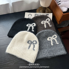 韩版新款蝴蝶结针织毛线堆堆帽子女秋冬季简约百搭慵懒风包头帽潮