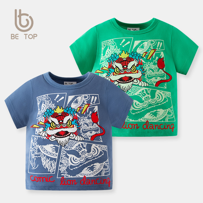 Betop Boy's media manga de dibujos animados de verano estilo chino León niños camisa de manga corta bebé niño camiseta de una sola pieza entrega