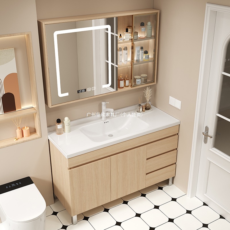 Ceramic Integrated Bathroom Cabinet Combination Log Wash Simple Washbasin Solid Wood Floor-Standing Bathroom Cabinet