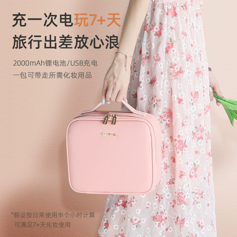 Table storage box with light, mirror, handheld cosmetic bag, purse, organizer bag