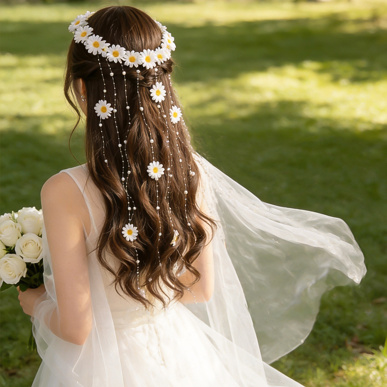 Bohemian-style floral wreath bridal headpiece with long tassels, artificial flower headband, fresh beach travel photo prop accessory, wedding hair accessory