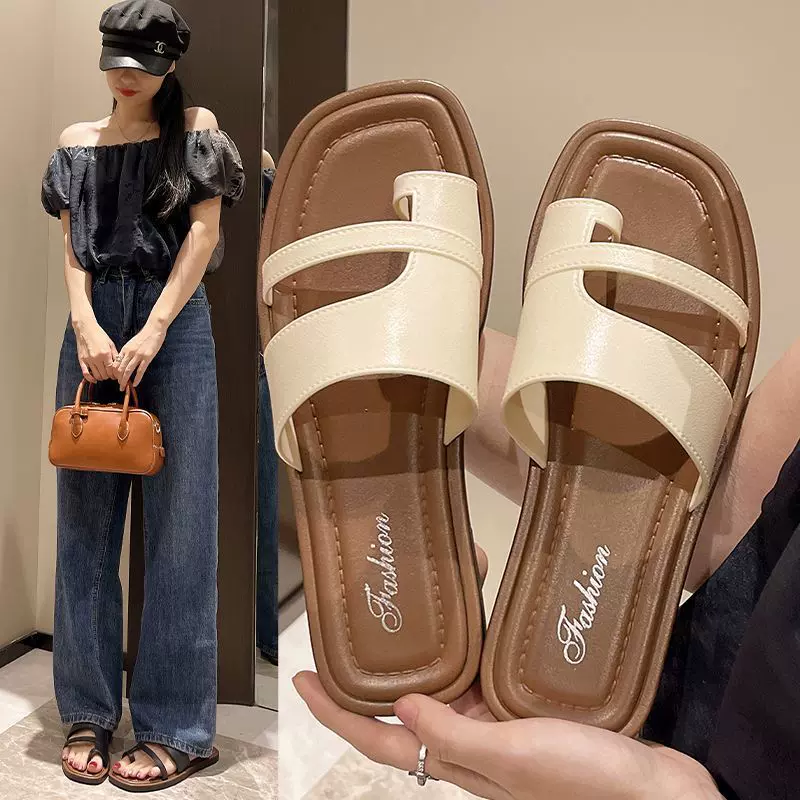 套趾外穿拖鞋女2025新款夏季韩版复古度假配裙子一脚蹬罗马凉鞋