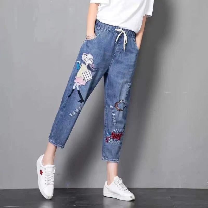 Summer New Retro Embroidered Elastic Waist Harem Pants Loose Slimming Cropped Pants Artistic Retro Jeans Women