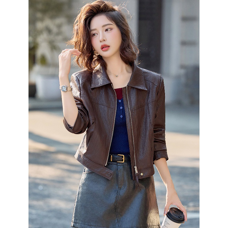 Short Leather Jacket for Women Spring & Fall 2025 New Elegant Collarless Lapel Casual Versatile Pu Motorcycle Jacket Top