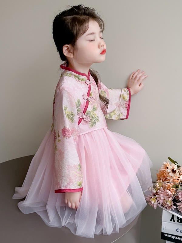 女童国风牡丹旗袍裙2025秋季新款儿童盘扣连衣裙新中式唐装童装潮|undefined