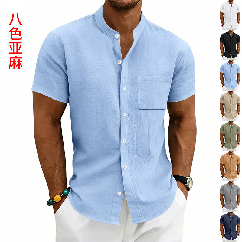 2026 Cross-Border Amazon European and American Men's Linen Button-Down Short-Sleeved Shirt Short-Sleeved Henley Shirt Made of Linen Material 2026 Cross-Border Amazon European and American Men's Linen Button-Down Short-Sleeved Shirt Short-Sleeved Henley Shirt Made of Linen Material