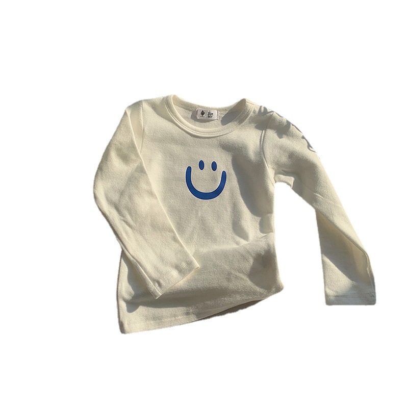 2022 Otoño e Invierno niños cepillado camisa de fondo niños y niñas de estilo coreano cara sonriente SLIM-Fit Camiseta de manga larga bebé engrosada t