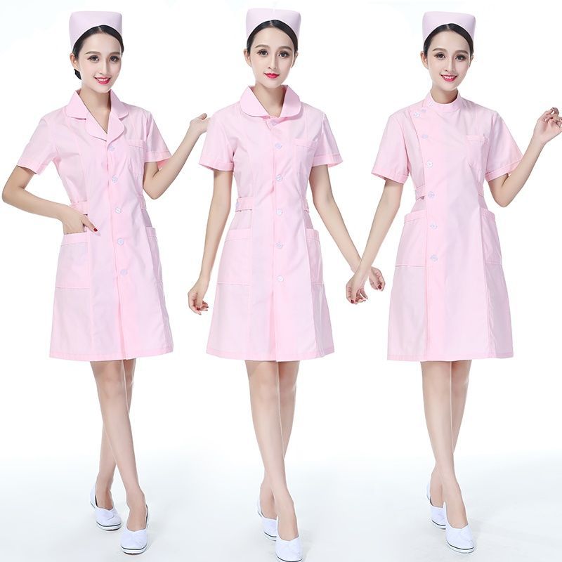 Nurse Uniform Summer Short-Sleeved Pink Female Doll Collar Suit White Coat Long-Sleeved Student Round Neck Beauty Salon Work Clothes
