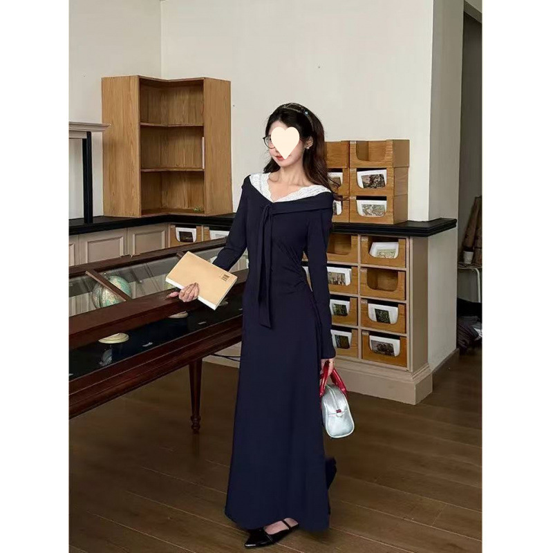 韩系藏青色蕾丝v领长袖连衣裙女2025新款秋季法式收腰长裙|undefined