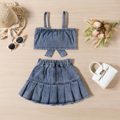 new summer girls denim suit short bow strap strapless denim pleated skirt suit wholesale