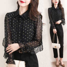 工厂新款仿桑蚕丝拼接波点飞飞袖衬衣2024秋宽松显瘦洋气减龄上衣