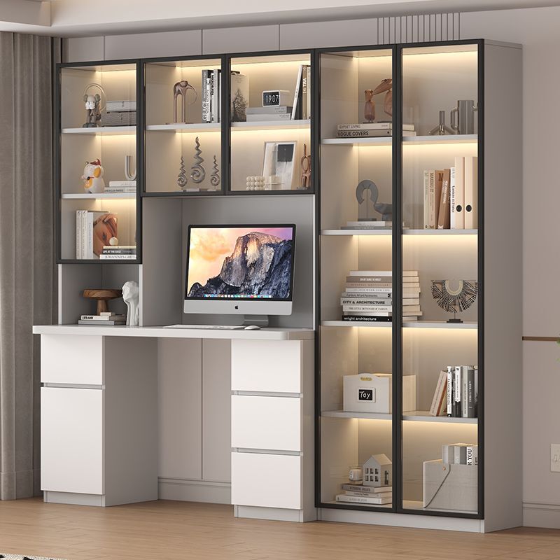 Solid Wood Desk Bookshelf Combination Computer Desk Bookcase Integrated Wall Glass Door Light Luxury Simple Style Study Writing Desk
