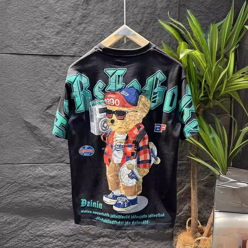 Summer Affordable Luxury High-end Trendy Brand Cartoon Backpack Bear Tuan Short-sleeved Round Neck Fashionable Handsome T-shirt Men