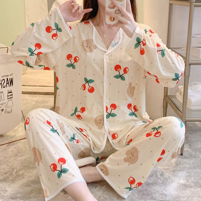 Pijamas de comercio exterior de las mujeres de manga larga cardigan melocotón corazón oso solapa pequeña ropa de hogar fresca traje de dos piezas transfronteriza mujeres lindas