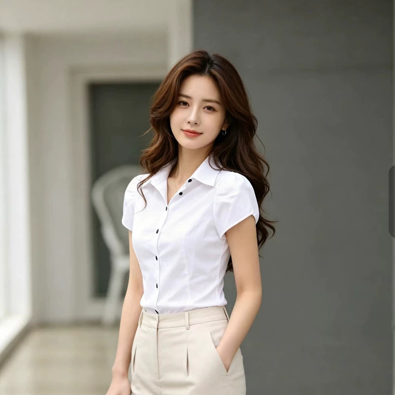 2026 Summer Women's Workwear: Short-Sleeve White Cotton Shirt, Ladies' Shirt, Elegant White Collar Shirt, Formal Attire 2026 Summer Women's Workwear: Short-Sleeve White Cotton Shirt, Ladies' Shirt, Elegant White Collar Shirt, Formal Attire