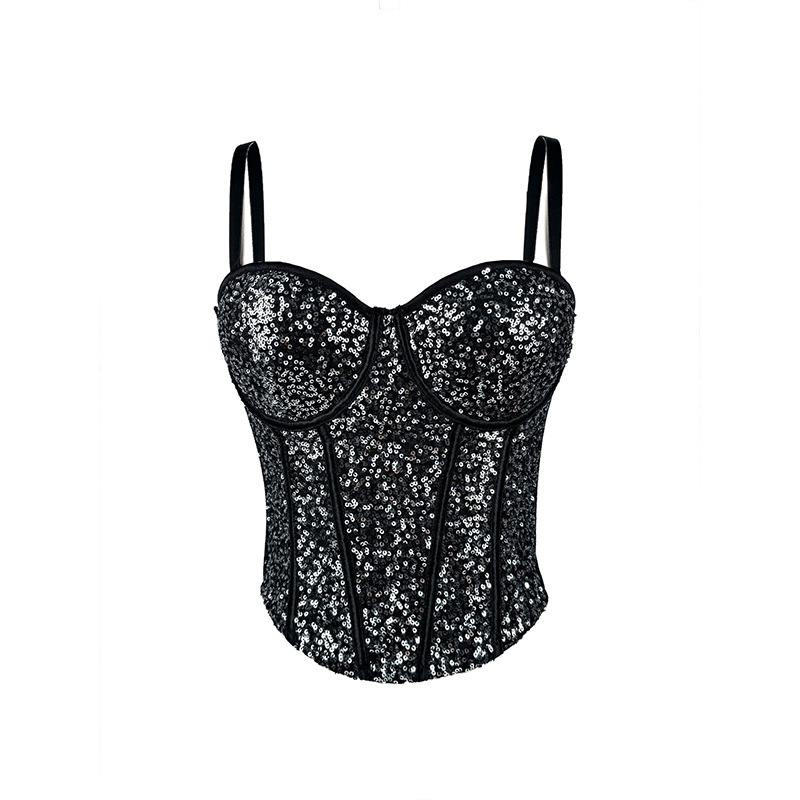 Pure Lust Style Lace Tube Top, Super Short Sexy Slim Fit Sequin Suspender Women's Waist-Cinching Spring and Summer Fishbone Bra
