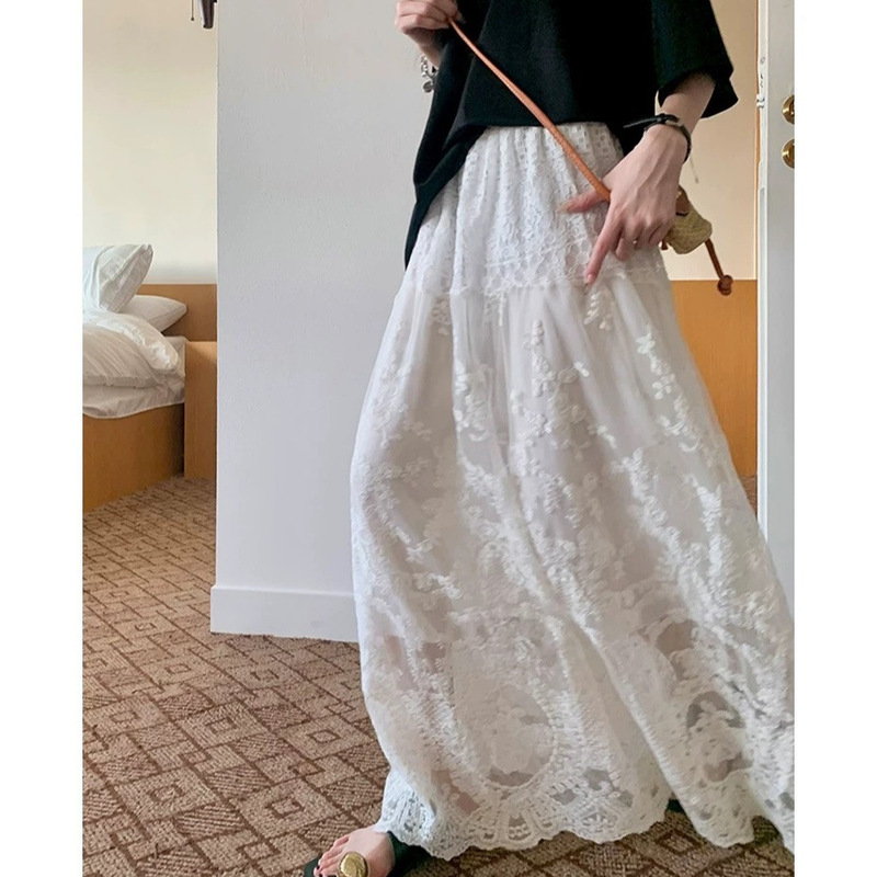 French Heavy Industry White Lace Skirt Women's Summer Design High Waist Slimming Large A- line Long Skirt Autumn and Winter