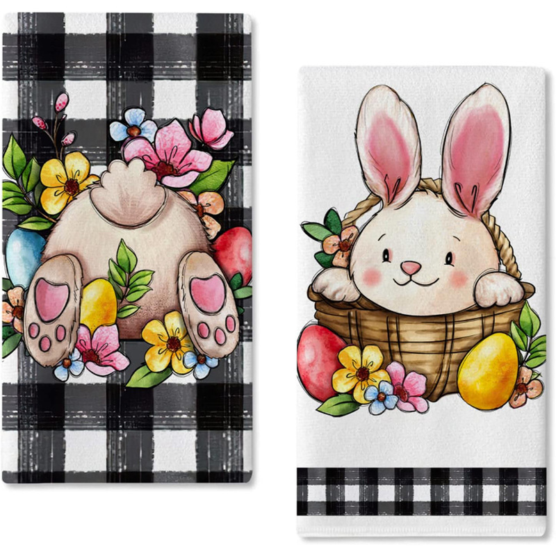 Happy Easter truck black buffalo plaid kitchen dish towel rabbit egg dot tea bar hand dry baking cloth