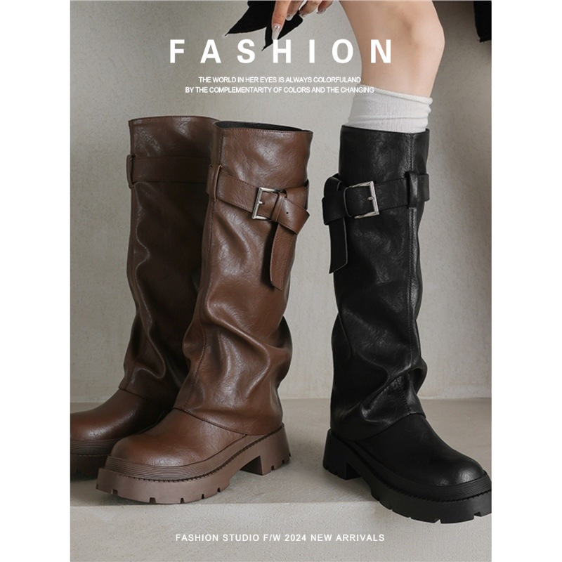 Cowhide Western Round-Toe Cowboy Women's Boots Mori Style Long Soft Leather Belt Buckle Thick Sole and Trouser Boots Bootmaker Knight