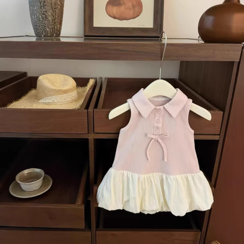 Girls' Pink Polo Collar Floral Dress Summer 2026 New Style Children's Summer Sweet Pea Vest Princess Dress