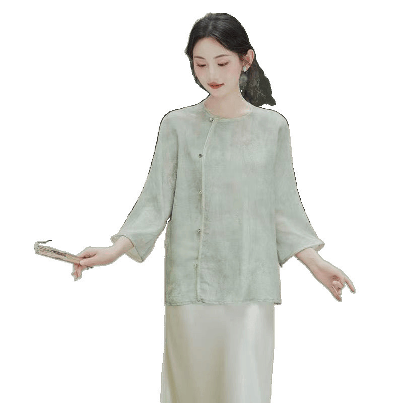 新中式佛系禅意女装大方得体清冷松弛感薄衫素衣半身裙两件套装春|undefined