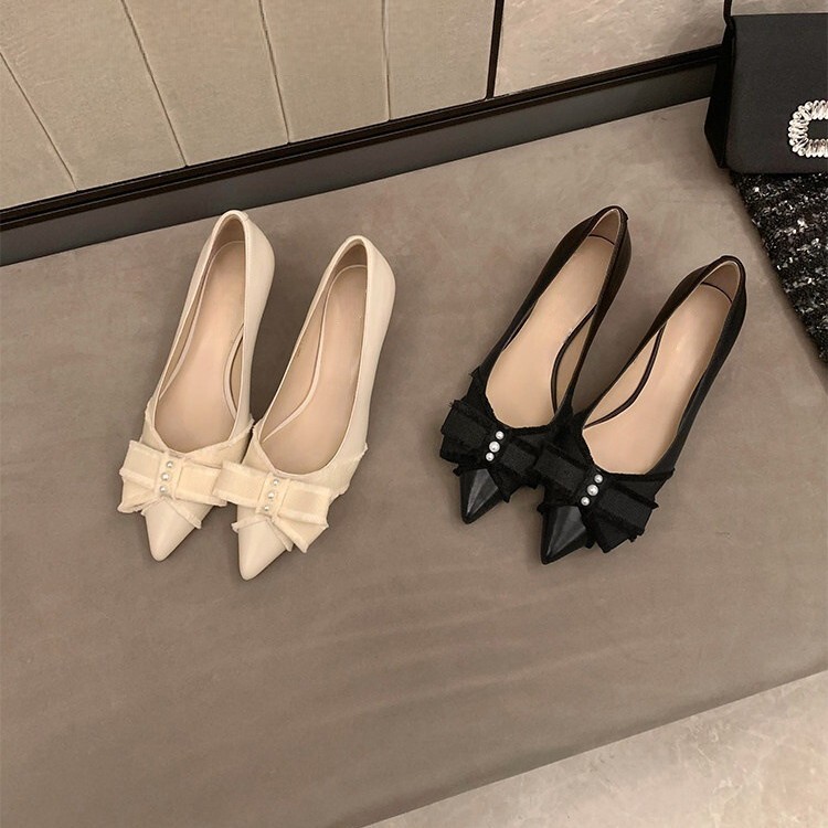Sheepskin Version~New Versatile Women's French-Style Pointed-Toe Bow-Knot Pearl Stiletto Heels, Women's Wedding Shoes, Evening Shoes