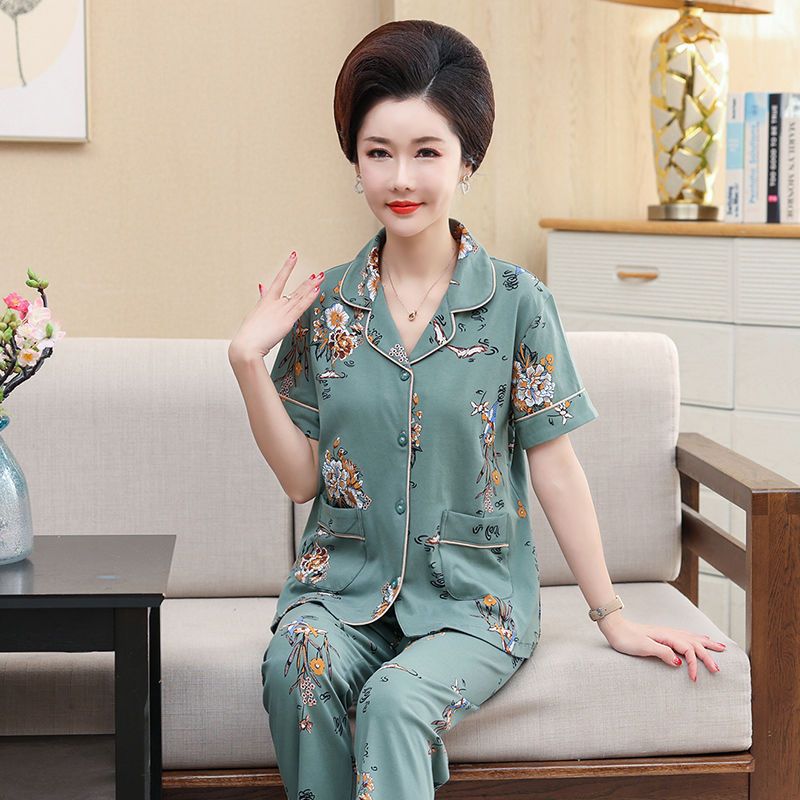 Pijama de algodón 100% de la madre de mediana edad verano de las mujeres pantalones de manga corta de mediana edad y ancianos solapa traje de desgaste para el hogar Suelto