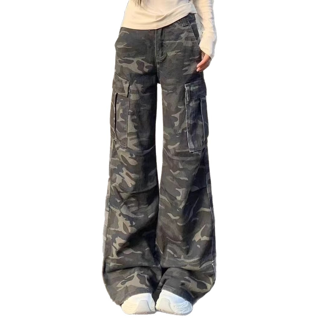 American-Style Flared Camouflage Cargo Pants for Women, Spring and Summer New High-Waisted Multi-Pocket Pleated Wide-Leg Jeans, Floor-Length Pants