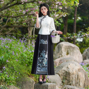 Summer New Retro Style New Chinese Style Daily Elegant Buttoned Stand Collar Large Sleeves Bamboo Leaf Print Cheongsam Top and Skirt