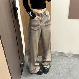 大码美式复古设计感做旧脏染牛仔裤女春季新款辣妹侧边烫钻拖地裤