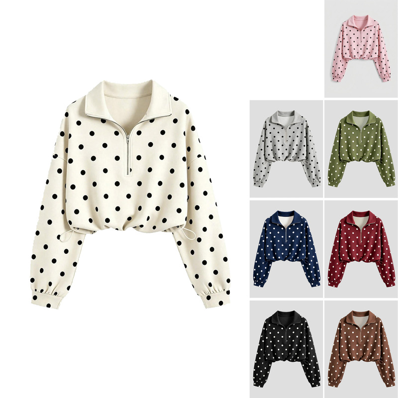 Fashionable polka dot pullover with half-zip collar, off-shoulder design, long sleeves, and adjustable drawstring hem