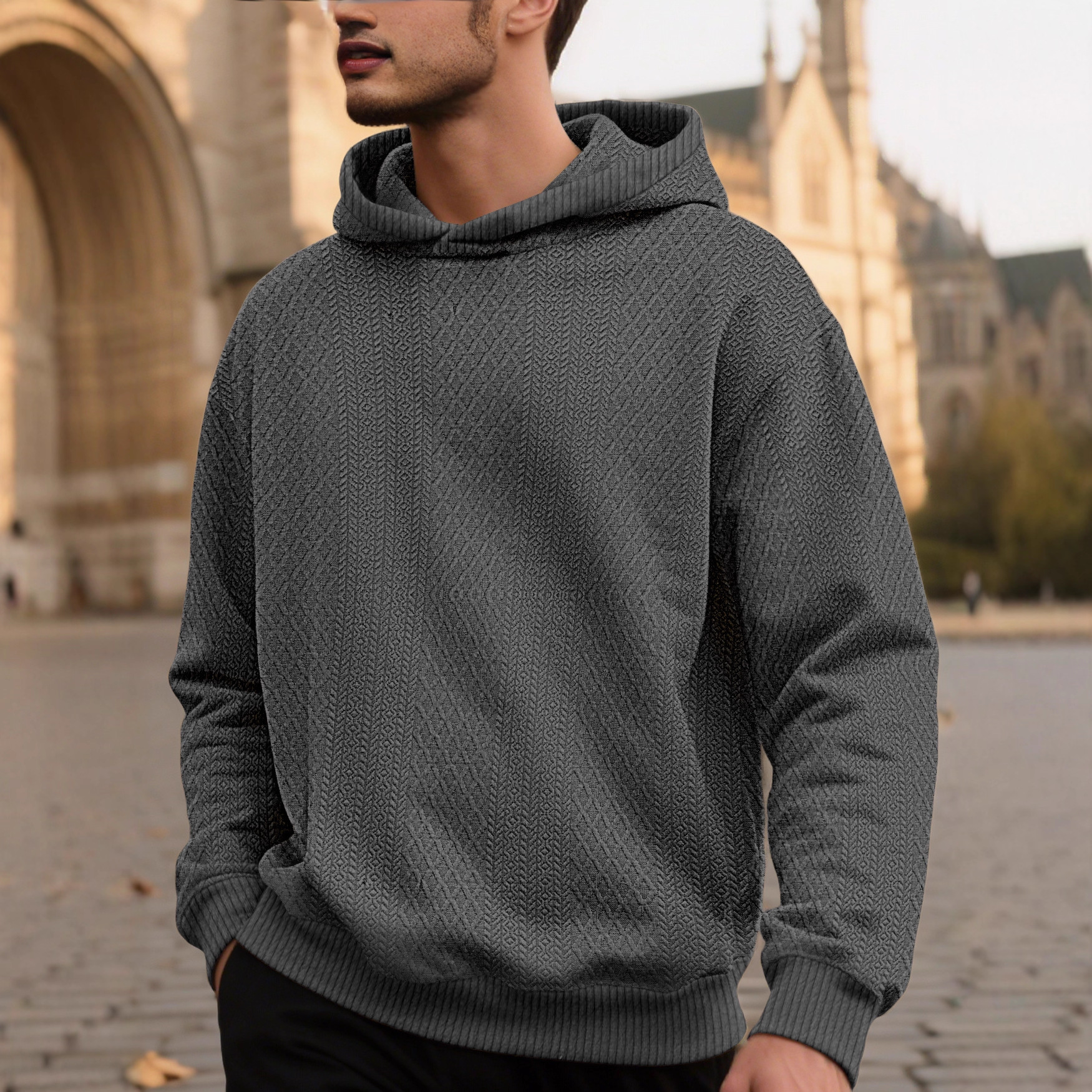 Transfronterizo Amazon AliExpress primavera suelta sólida jacquard hombre joven manga larga chaqueta con capuz